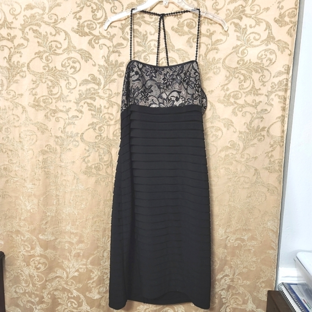 Eliza J banded pleat Blk Cocktail Dress, Bead strand Straps Sz14